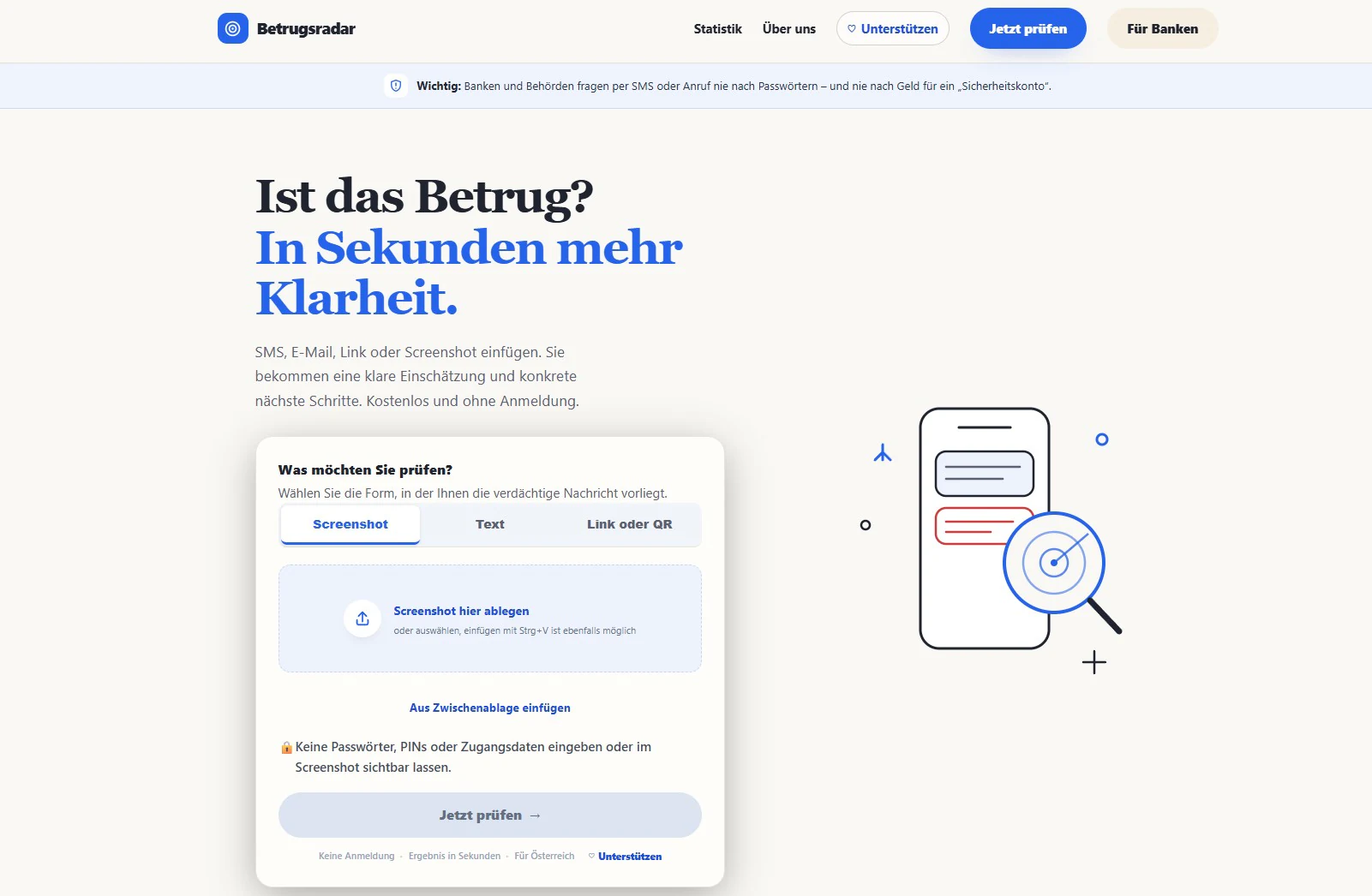 Startseite der Website Betrugsradar